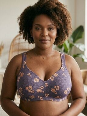 Voglo Bra By Penningtons T-Shirt, Wireless, Padded, Floral Purple SZ 44D NWT